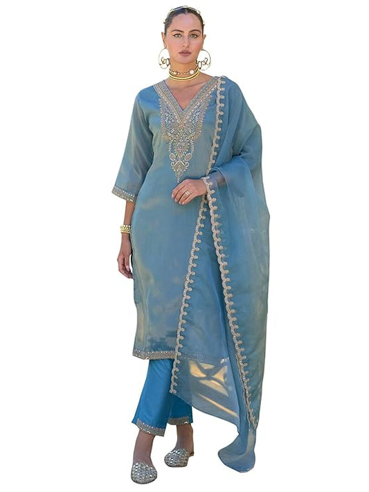 INDO ERA Women's Black Silk Blend Embroidered Straight Kurta & Pant with Dupatta Set